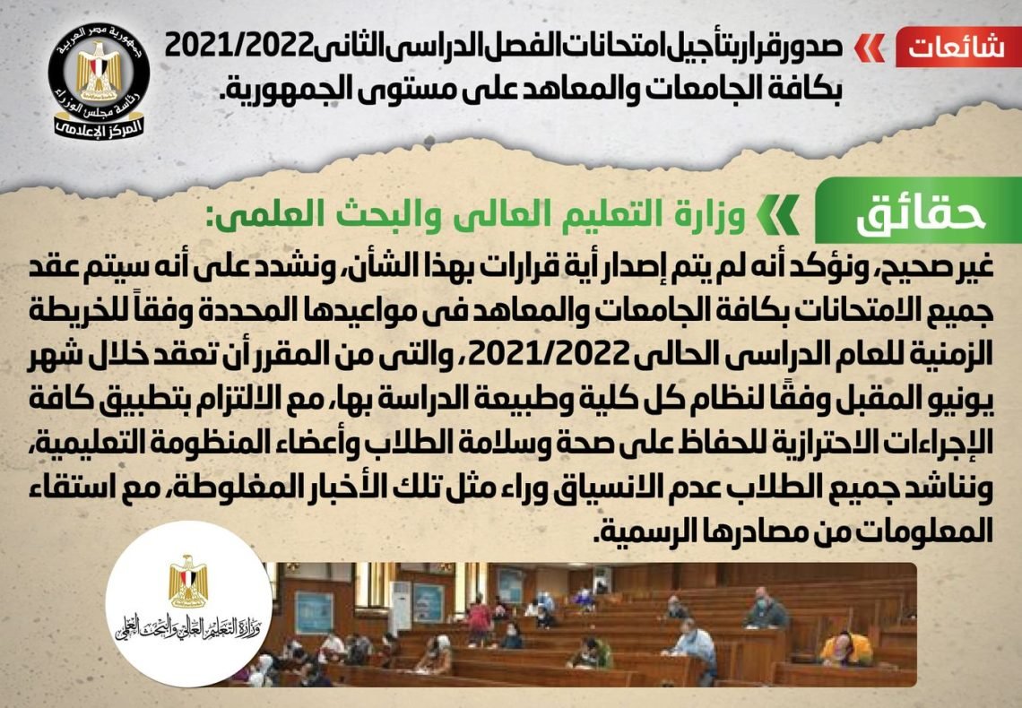 تأجيل امتحانات الفصل الدراسي الثاني 2021/2022 بكافة الجامعات والمعاهد على مستوى الجمهورية