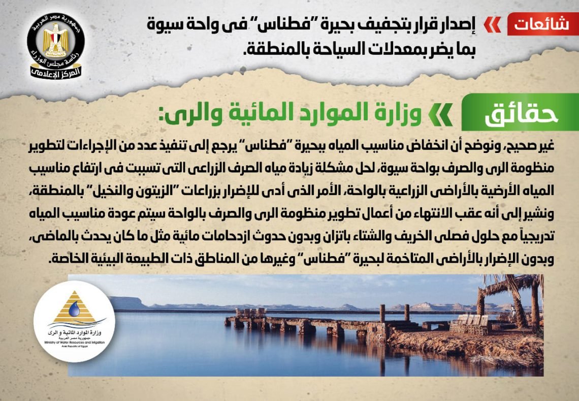 إصدار قرار بتجفيف بحيرة ” فطناس” في واحة سيوة بما يضر بمعدلات السياحة بالمنطقة